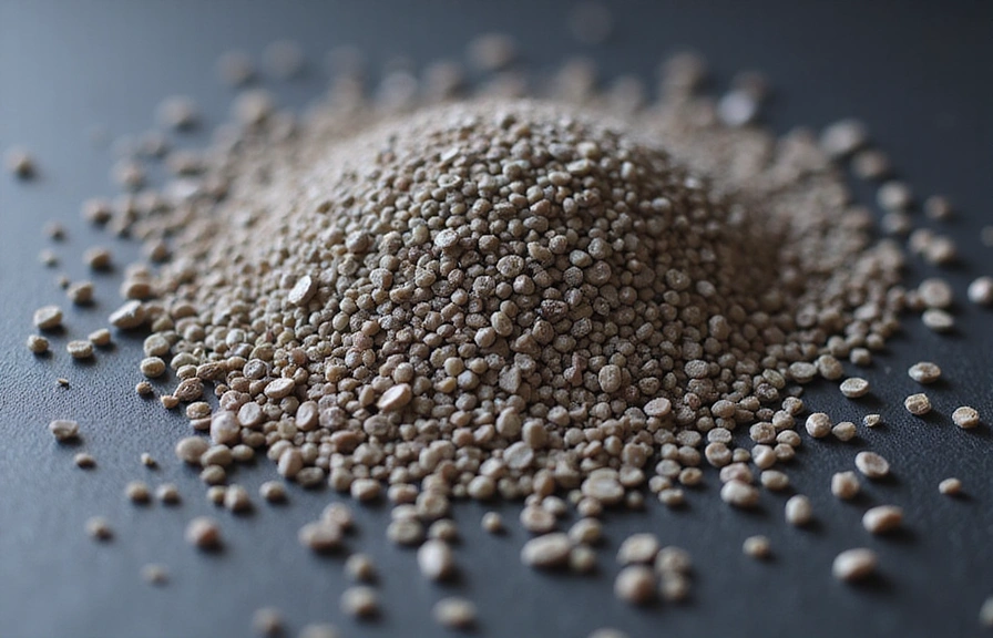 Un primer plano de semillas de chía secas esparcidas sobre una superficie oscura, mostrando su textura granular y su color grisáceo, con algunas semillas individuales resaltadas.