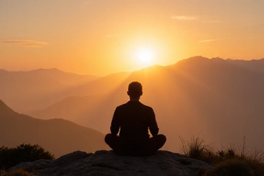 Una persona meditando en una postura de loto al amanecer, con un paisaje montañoso y neblinoso de fondo, transmitiendo serenidad y bienestar mental.