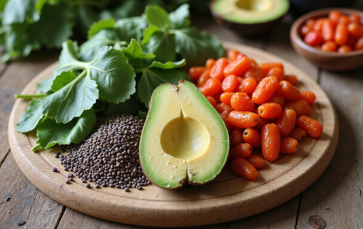 Una variedad colorida de superalimentos como bayas de goji, espinacas, aguacate y semillas de chía, dispuestos artísticamente sobre una tabla de madera rústica con un fondo borroso de ingredientes frescos.