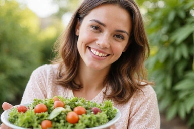 Una mujer sonriendo mientras disfruta de una ensalada fresca y colorida en un entorno luminoso y natural, simbolizando una alimentación saludable y feliz.