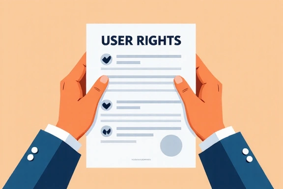 Ilustración de manos sosteniendo un documento con derechos del usuario, simbolizando control sobre la información personal