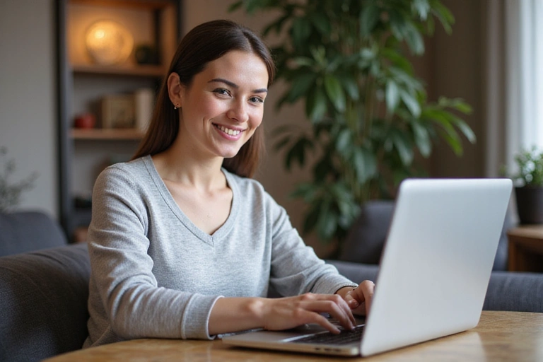 Mujer sonriendo mientras tiene una videollamada con un nutricionista en su laptop, en un entorno hogareño.