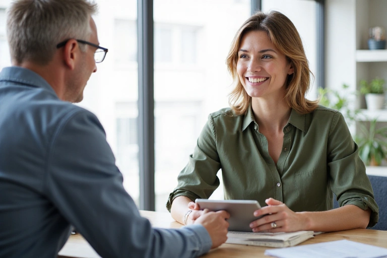 Nutricionista interactuando con un cliente de forma amigable, sin texto ni símbolos.