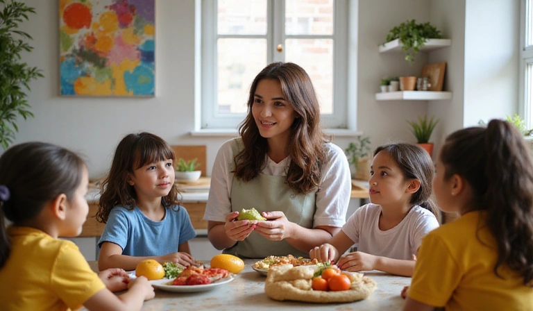 Sofía Ramírez enseñando a niños sobre alimentos saludables