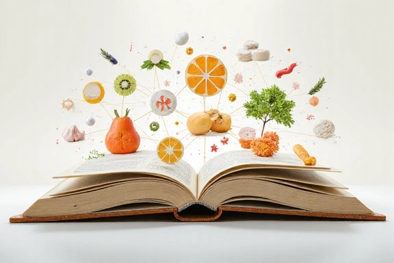 Libro abierto con símbolos de derechos de autor y elementos de nutrición